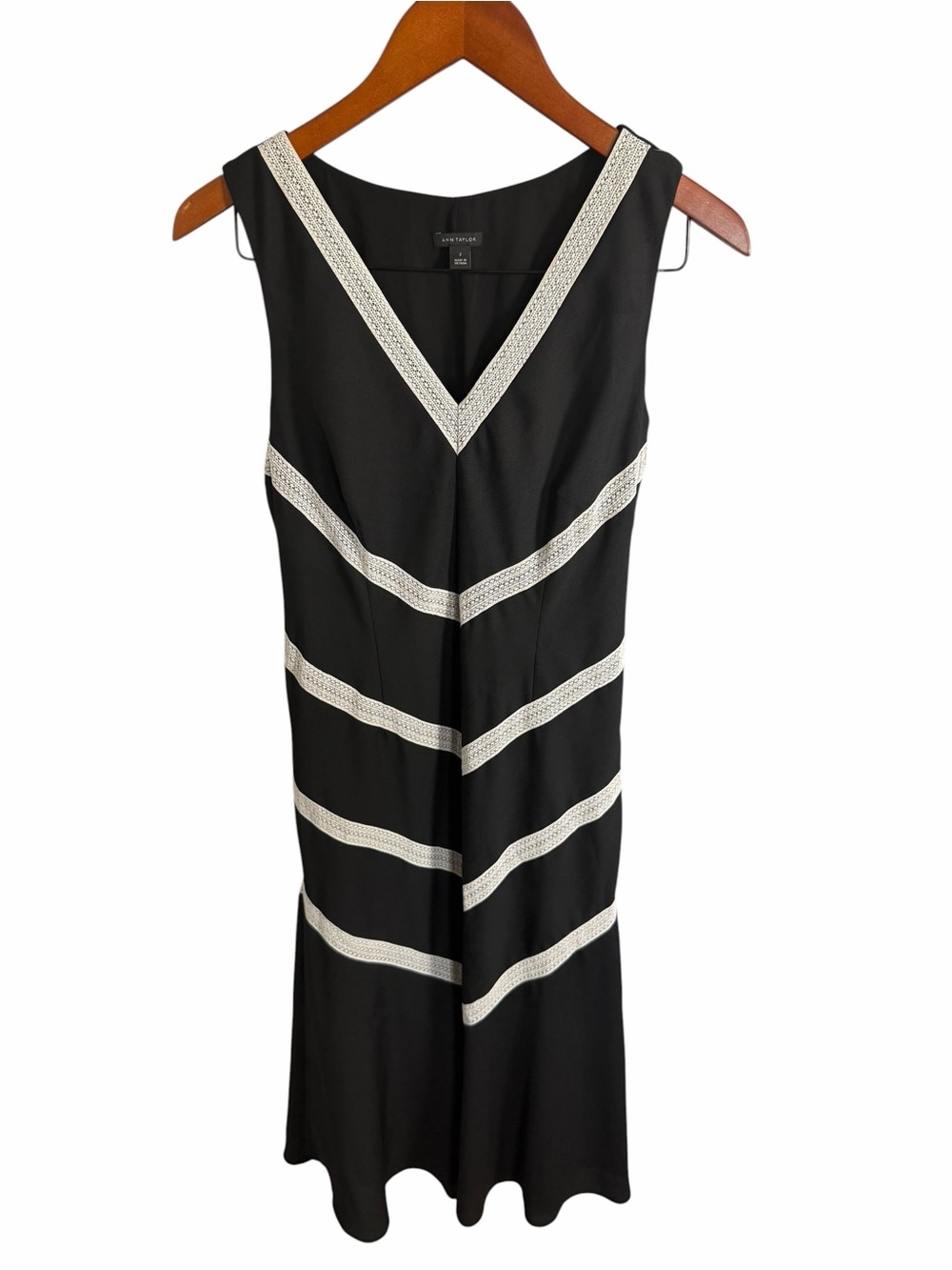 Ann Taylor Black Midi Dress with Cream Chevron Trim - Picture 2 of 8